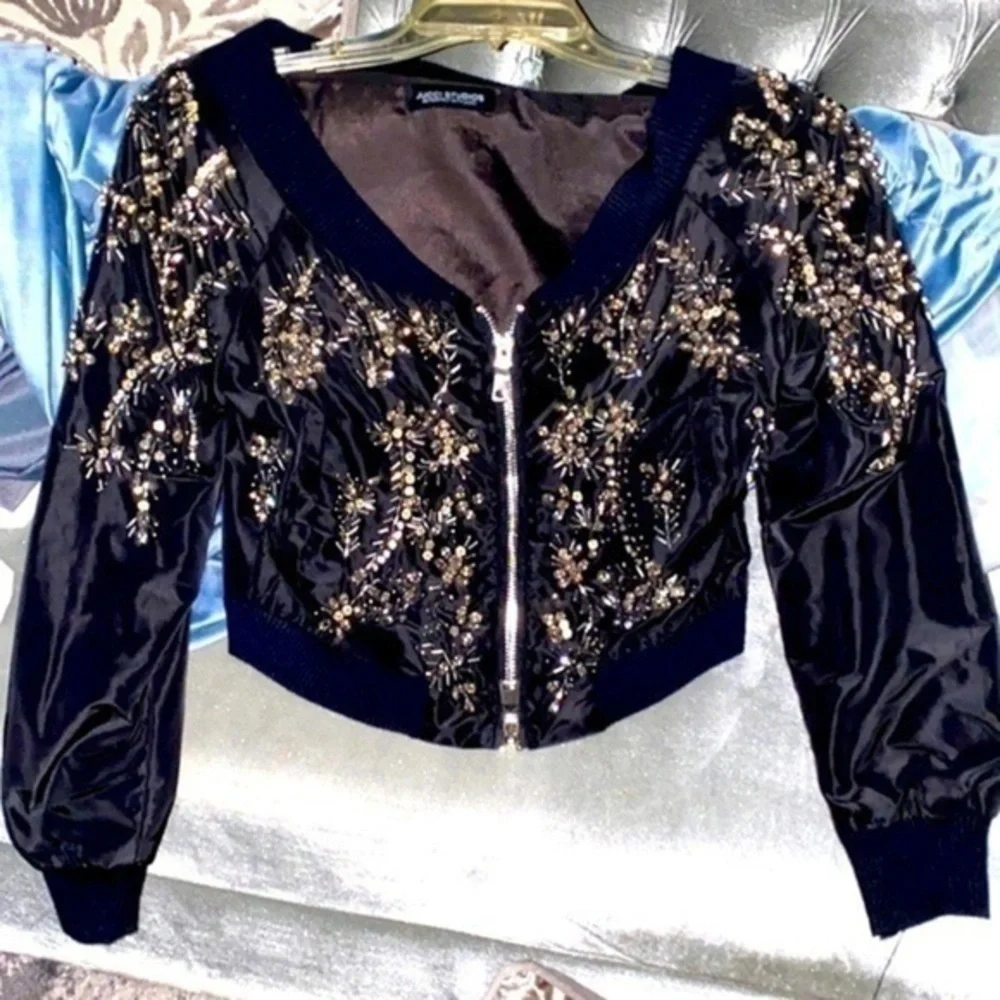 - Stylish trendy jacket covered with stones handmade with crystal size S NWOT